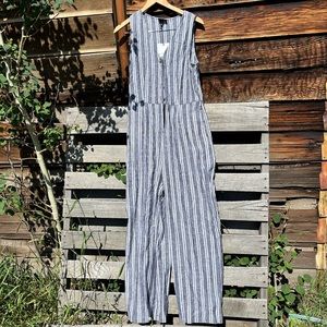 Who what wear striped jumpsuit blue/grey and white NWT